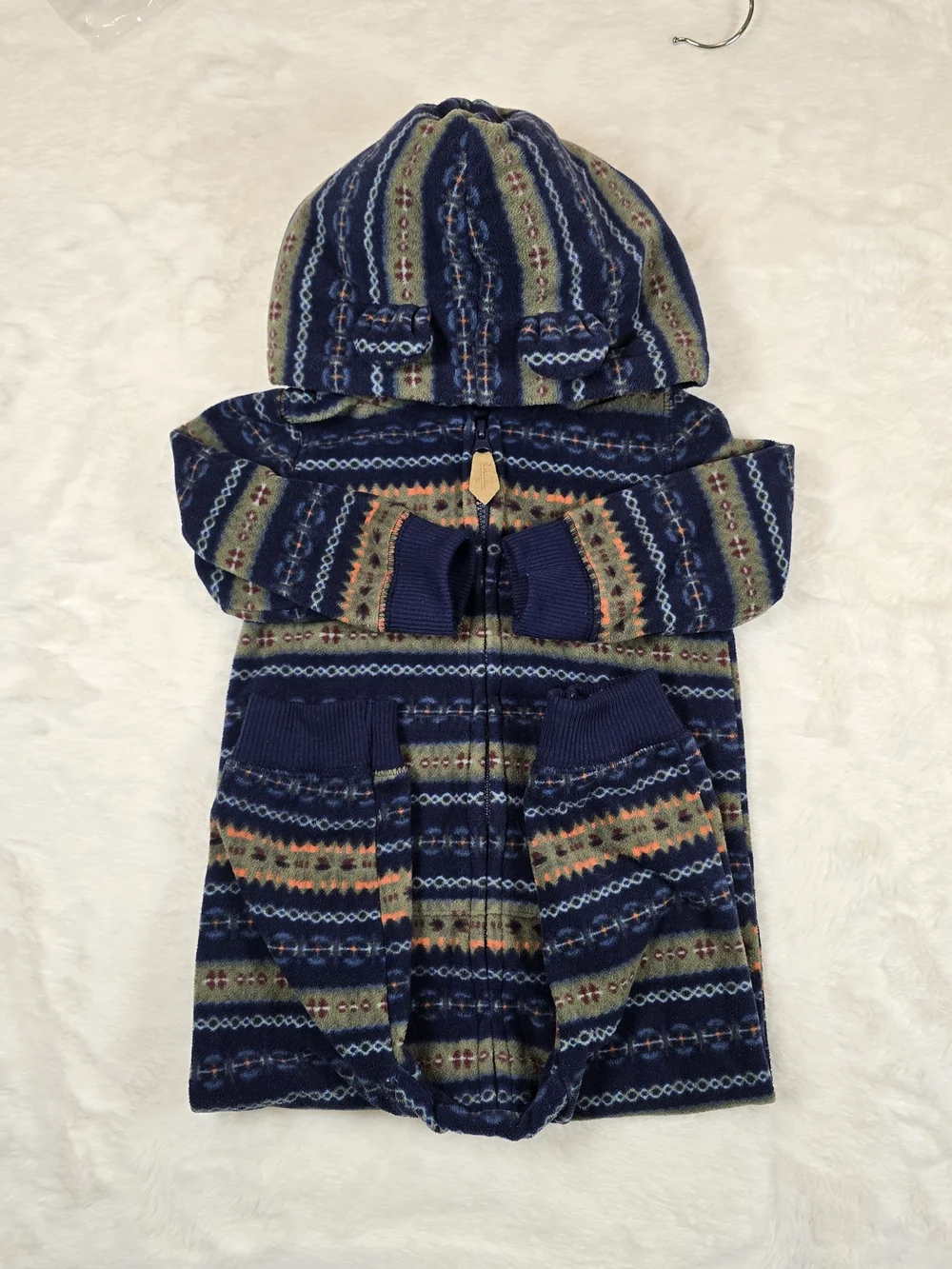 Carter's Navy Patterned Fleece Sherpa-Lined Hooded One-Piece
